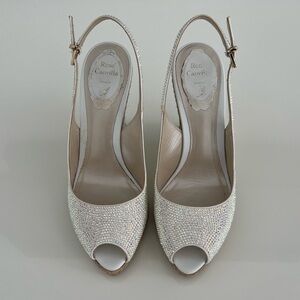 RENE CAOVILLA WHITE MULTI CRYSTAL WEDGE ESPADRILLE  SANDALS SIZE IT 38 / US 8